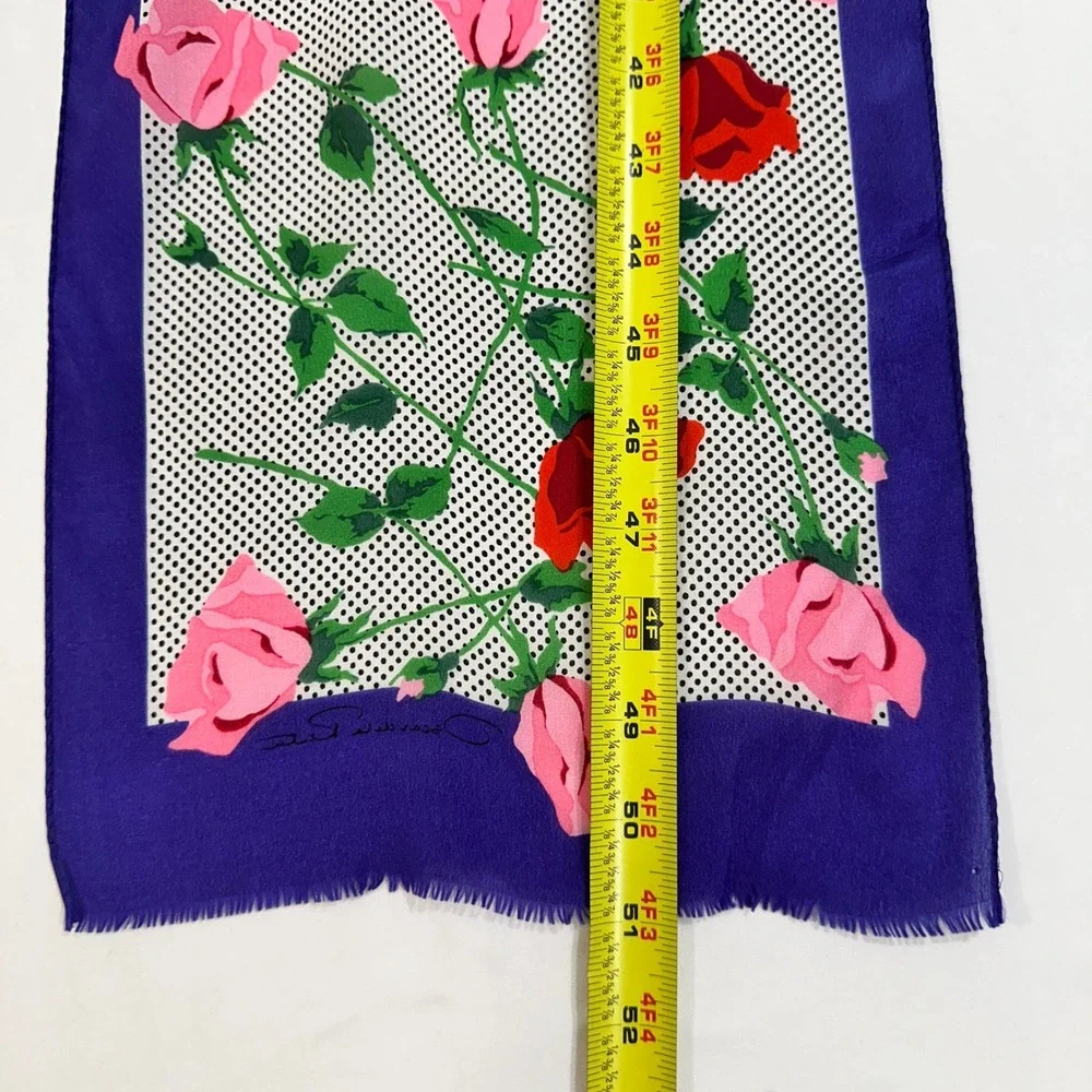 Oscar de la Renta Silk Scarf Floral Rose Polka Dot Purple Border Made in Japan